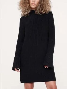 Banana Republic Black Cotton and Wool Rib-Knit Long-Sleeve Sweater Dress